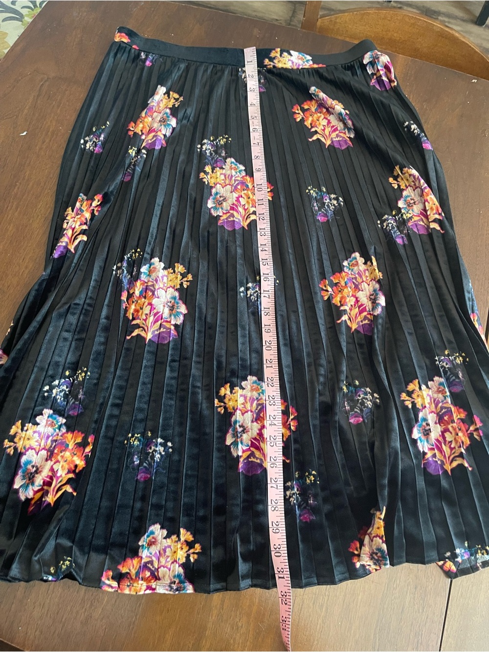 Anthropologie Maeve Velvet Black Pleated Midi Skirt with Floral Clusters - Picture 6 of 8